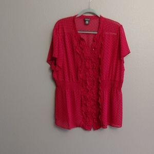 Maroon & black polkadot ruffle button up blouse